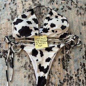Cow Print Ribbed Two-Piece Bikini Set - Black & White